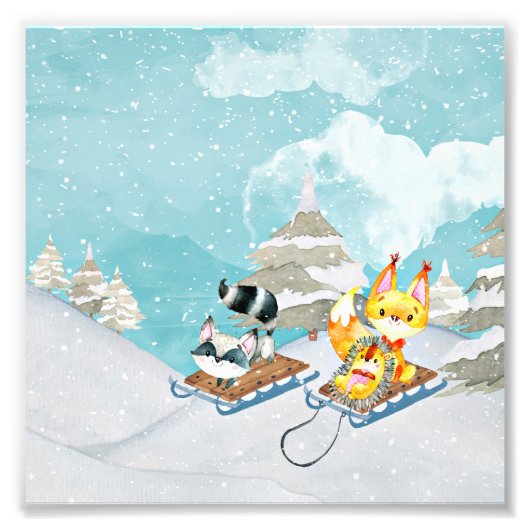 Winter Woodland Friends - Fox Hedég Illustratie Foto Afdruk (Voorkant)