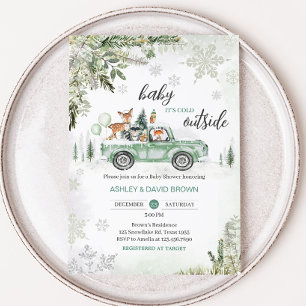 Winter Woodland Green Truck Baby shower Kaart