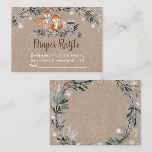 Winter Woodland Greenery Baby shower Diaper Raffle Informatiekaartje (Voorkant / Achterkant)