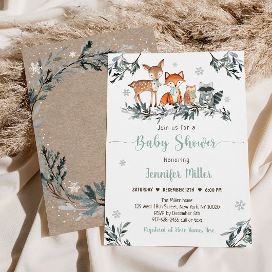 Winter Woodland Greenery Baby shower Kaart