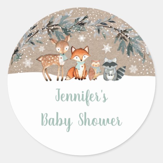 Winter Woodland Greenery Baby shower Ronde Sticker (Voorkant)