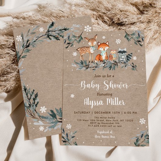 Winter Woodland Greenery Snowflake Baby shower Kaart