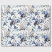 Winter Woodland Grote Witte Uilen Blauwe bessen Cadeaupapier (Vlak)