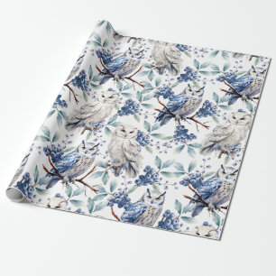 Winter Woodland Grote Witte Uilen Blauwe bessen Cadeaupapier