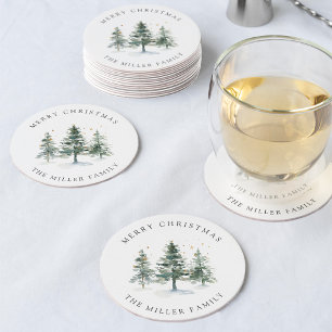 Winter Woodland kerstboom gepersonaliseerd Ronde Kartonnen Onderzetter
