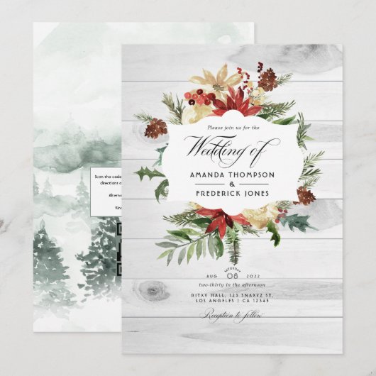 Winter Woodland Kerstmis Rustic QR Code Weddenscha Kaart (Voorkant / Achterkant)