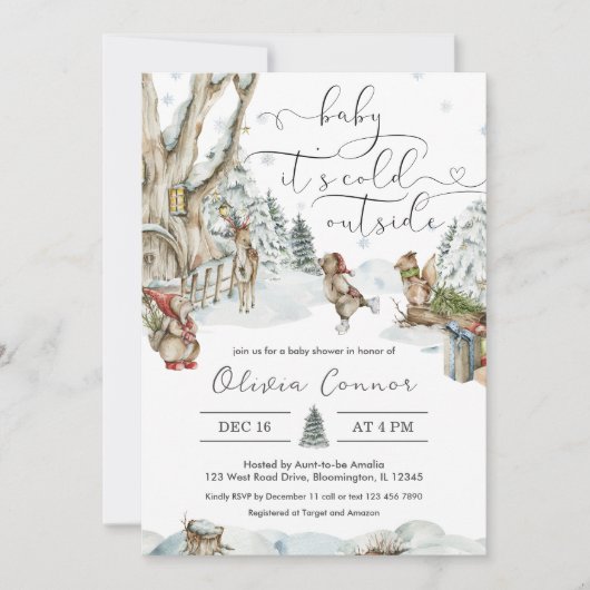 Winter Woodland Leuke Dieren Baby shower Kaart (Voorkant)