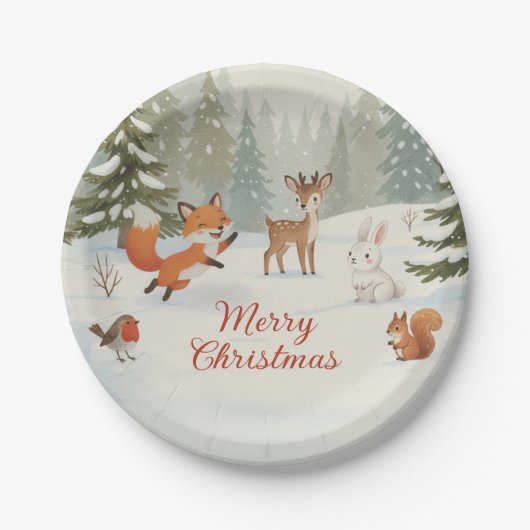 Winter Woodland Merry Christmas Forest Animals Papieren Bordje (Voorkant)
