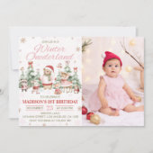 Winter Woodland Onederland Girl Birthday Photo Kaart (Voorkant)