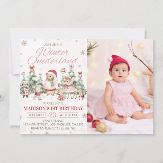 Winter Woodland Onederland Girl Birthday Photo Kaart (Voorkant)