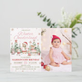 Winter Woodland Onederland Girl Birthday Photo Kaart (Staand voorkant)