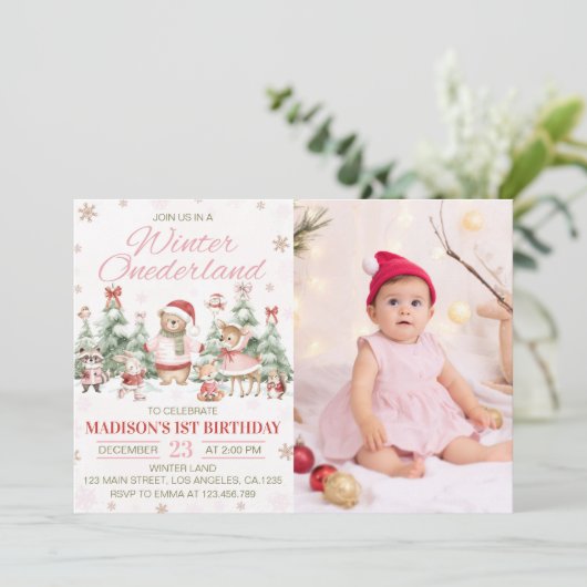 Winter Woodland Onederland Girl Birthday Photo Kaart (Staand voorkant)