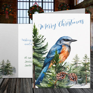 Winter Woodland Oostelijke Bluebird Pine Bos Feestdagen Kaart