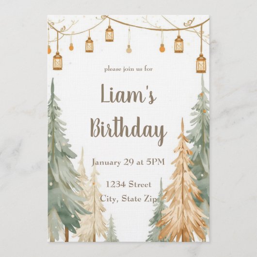 Winter Woodland Photo Birthday Invitation – Pastel Kaart (Voorkant)