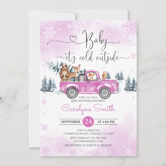Winter Woodland roze vrachtwagen Baby shower Kaart (Voorkant)