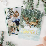 Winter Woodland Rustic Christmas Foto Goud Folie Feestdagenkaart<br><div class="desc">Wens uw familie en vrienden een vrolijk kerstfeest in het bos met deze mooie gouden folie winterkaart,  met een hertenfamilie in de besneeuwde bossen,  met drie foto's op de achterkant. Neem contact met me op via Zazzle Chat voor hulp bij het ontwerpen of meer bijpassende producten.</div>