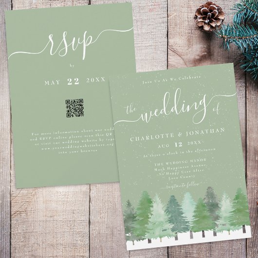 Winter Woodland Sage Green Wedding QR Code Kaart