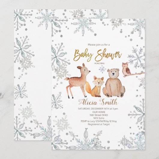 Winter Woodland Silver Baby shower Kaart (Voorkant / Achterkant)
