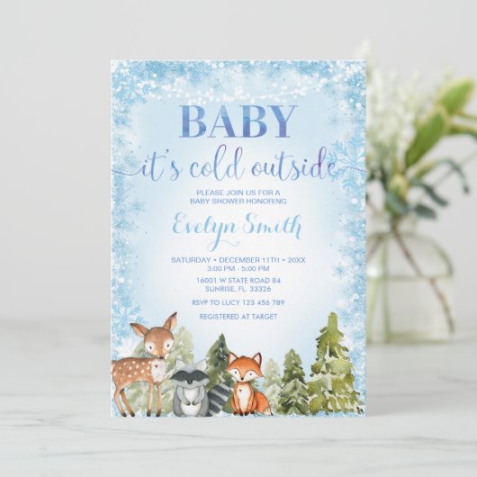 Winter Woodland Snowflake Baby shower Uitnodiging (Staand voorkant)