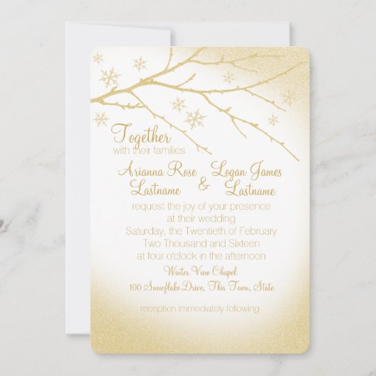 Winter Woodland Snowflakes Gold Wedding Kaart (Voorkant)