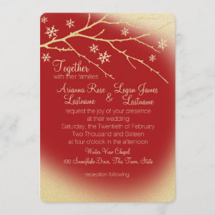 Winter Woodland Snowflakes Red and Gold Wedding Kaart