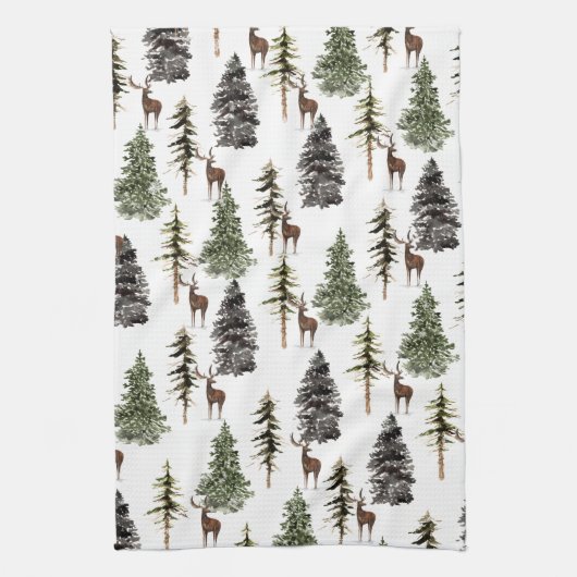 Winter Woodland Snowy Spruce Trees & Stag Theedoek (Verticaal)