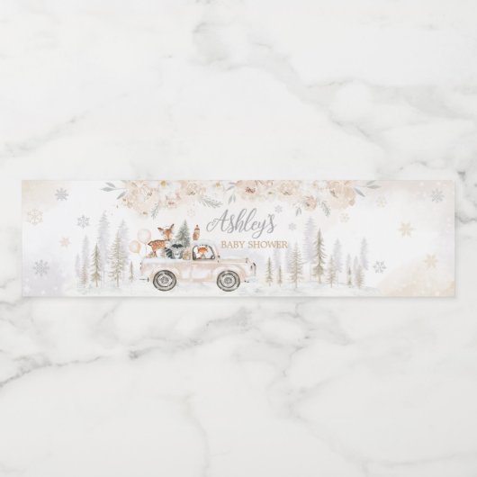 Winter Woodland Truck Baby shower Waterfles Etiket (Enkel label)