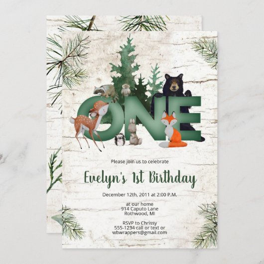 Winter Woodland verjaardagsuitnodiging - 1e verjaa Kaart (Voorkant / Achterkant)