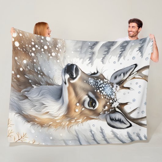 Winter Woodland Waterverf Kerstherten Fleece Deken (In situ)