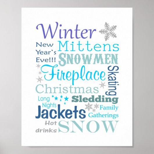 Winter Words Typografie in Blue Poster (Voorkant)