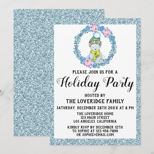 Winter Wreate Kerstfeestdag Blauwe Glitter Kaart (Voorkant / Achterkant)