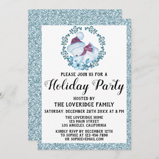 Winter Wreate Kerstfeestdag Blauwe Glitter Kaart (Voorkant / Achterkant)