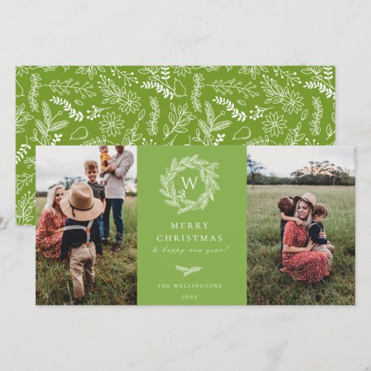 Winter Wreater Monogram Holiday 2 Fotokaart Groen Feestdagenkaart (Voorkant / Achterkant)