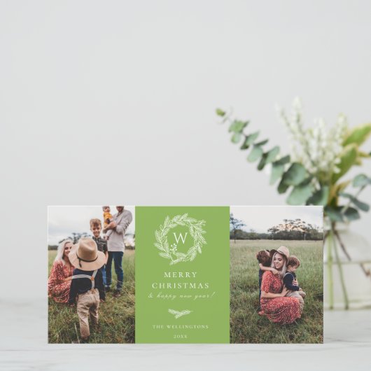 Winter Wreater Monogram Holiday 2 Fotokaart Groen Feestdagenkaart (Staand voorkant)