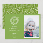 Winter Wreater Monogram Holiday Fotokaart | Groen Feestdagenkaart (Voorkant / Achterkant)