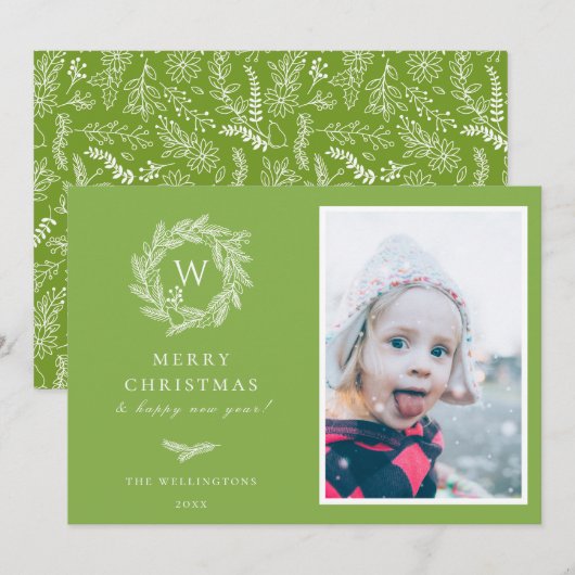 Winter Wreater Monogram Holiday Fotokaart | Groen Feestdagenkaart (Voorkant / Achterkant)