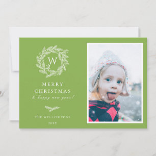 Winter Wreater Monogram Holiday Fotokaart Groen Feestdagenkaart