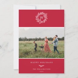 Winter Wreater Monogram Holiday Fotokaart Rood Feestdagenkaart