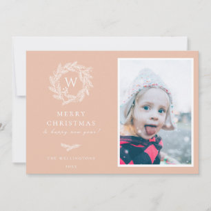Winter Wreater Monogram Holiday Fotokaart Roze Feestdagenkaart