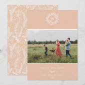 Winter Wreater Monogram Holiday Fotokaart Roze Feestdagenkaart (Voorkant / Achterkant)