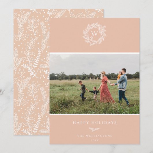 Winter Wreater Monogram Holiday Fotokaart Roze Feestdagenkaart (Voorkant / Achterkant)