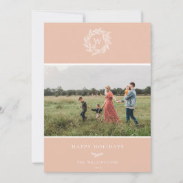 Winter Wreater Monogram Holiday Fotokaart Roze Feestdagenkaart