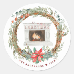Winter Wreath Cozy Fireplace Merry Kerstry Ronde Sticker