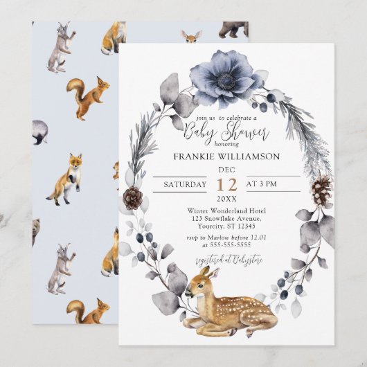 Winter Wreath Deer Woodland Baby shower Invitation Kaart (Voorkant / Achterkant)