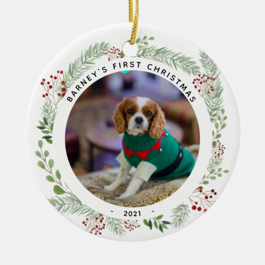 Winter Wreath Dog's FotoKerstmis Keramisch Ornament (Voorkant)