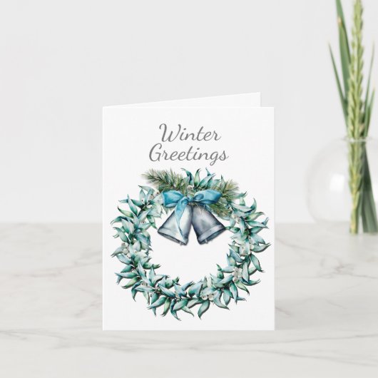 Winter Wreath in Silver, Blue en Green Feestdagen Kaart (Voorkant)