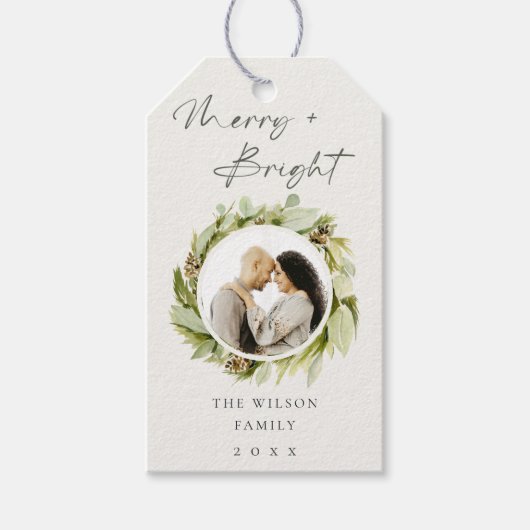 Winter Wreath Merry & Bright FotoKerstmis Cadeaulabel (Voorkant)