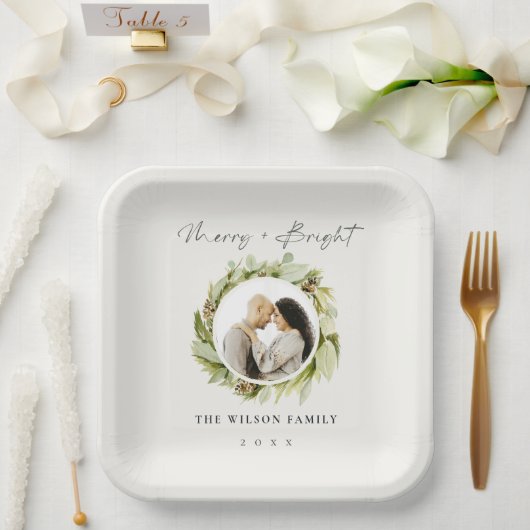 Winter Wreath Merry & Bright FotoKerstmis Papieren Bordje (Huwelijk)