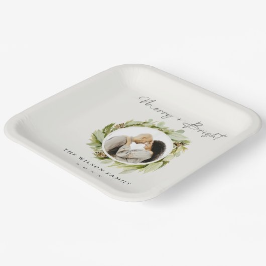 Winter Wreath Merry & Bright FotoKerstmis Papieren Bordje (Gebogen)