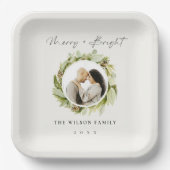 Winter Wreath Merry & Bright FotoKerstmis Papieren Bordje (Voorkant)